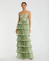 Green Pleated Charmeuse Strapless Tiered Ruffle Gown